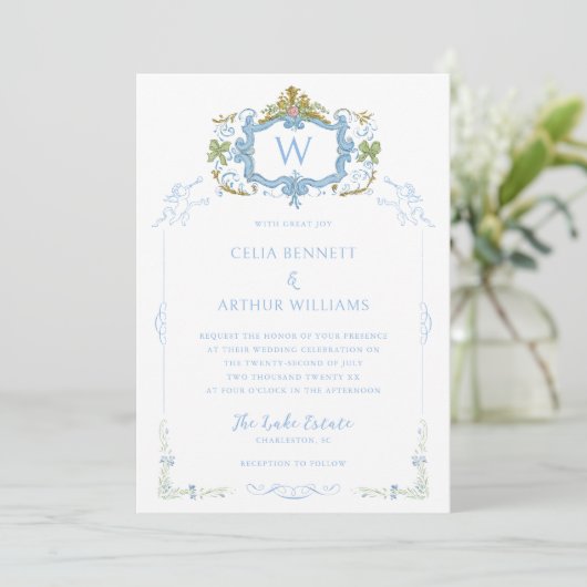 Invitation Rococo Blue Monogram Crest Wedding (Debout devant)