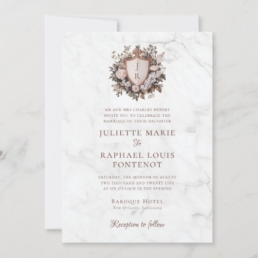 Invitation Rococo Monogram Crest All in One Mariage (Devant)