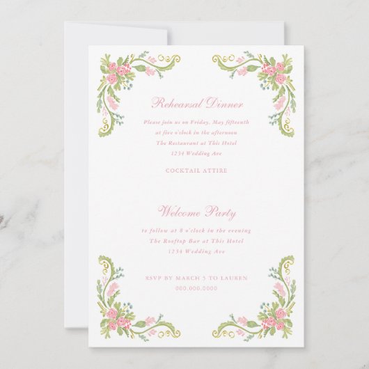 Invitation Rococo Ornate Floral Border Rehearsal Dinner (Devant)