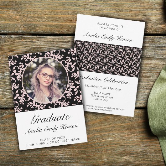 Invitation Rococo Pink Black Graduate Photo Graduate