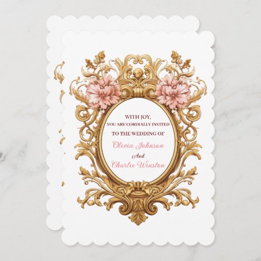 Invitation Rococo Royal Wedding Blush Florals Golden Scrolls (Devant / Derrière)