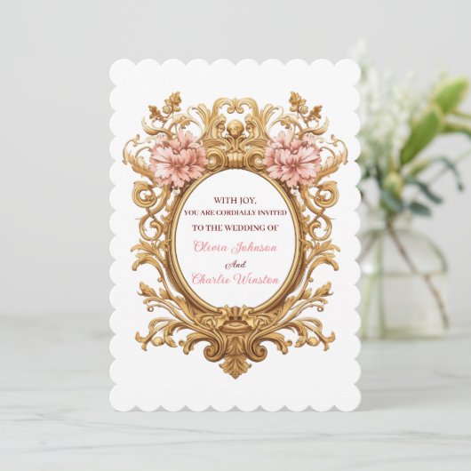 Invitation Rococo Royal Wedding Blush Florals Golden Scrolls (Debout devant)