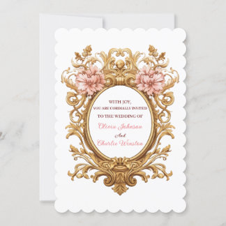 Invitation Rococo Royal Wedding Blush Florals Golden Scrolls