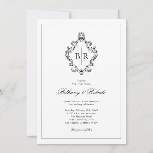 Invitation Rococo Vintage Mariage Monogramme (Devant)
