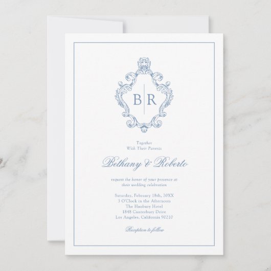 Invitation Rococo Vintage Monogramme Mariage bleu (Devant)