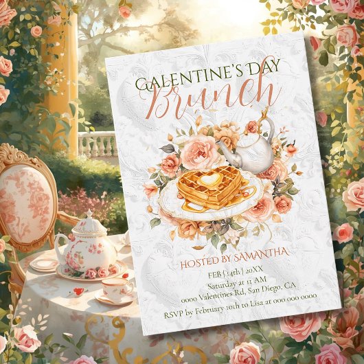Invitation Rococo Waffle Tea Galentine Brunch Floral Elegance