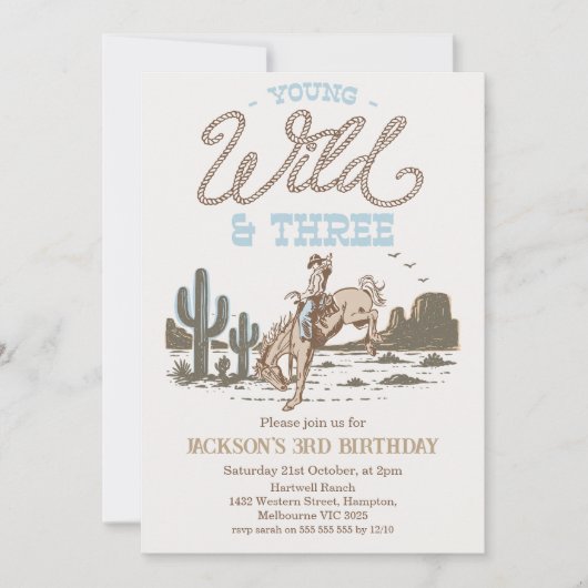 Invitation Rodeo Blue Brown Young Wild Three 3rd Birthday (Devant)