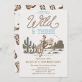 Invitation Rodeo Blue Brown Young Wild Three 3rd Birthday (Devant / Derrière)
