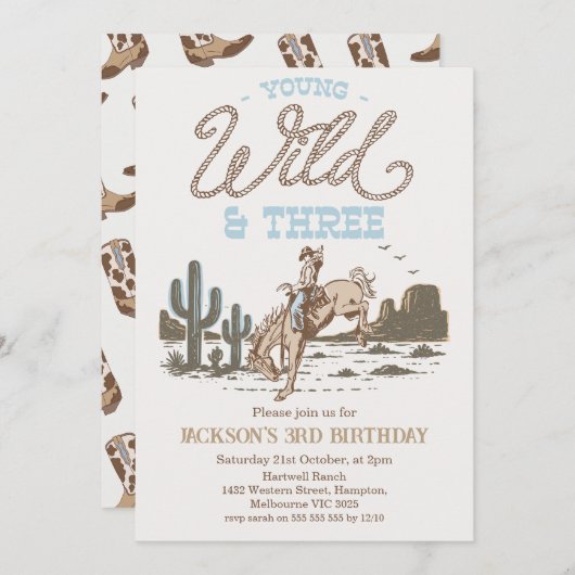 Invitation Rodeo Blue Brown Young Wild Three 3rd Birthday (Devant / Derrière)