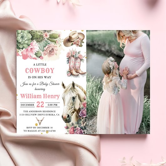 Invitation Rodéo rose Western Cowboy Baby shower