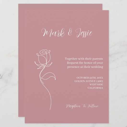 Invitation ROE rose et blanc Mariage simple (Devant / Derrière)