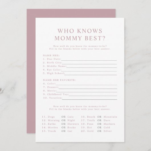 Invitation ROGUE Modern Dusty Rose Qui Connaît Maman Meilleur (Devant / Derrière)