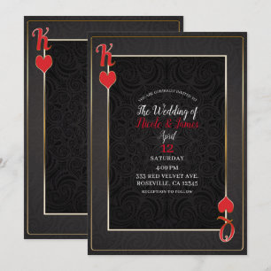 Invitation Roi Noir Rouge & Reine de Cœur Élégant Mariage