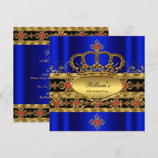 Invitation Roi Prince Royal Bleu Or Rouge Couronne Anniversai (Devant / Derrière)