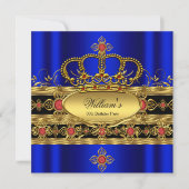 Invitation Roi Prince Royal Bleu Or Rouge Couronne Anniversai (Devant)
