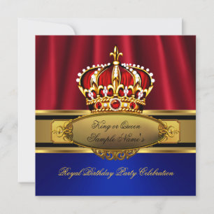 Invitation Roi Reine Rouge Couronne Royale Bleu Or Anniversai