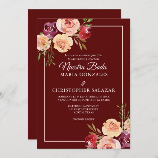 Invitation Roja Oro Flores Boda Elegante Español Mariage (Devant / Derrière)