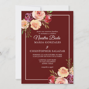 Invitation Roja Oro Flores Boda Elegante Español Mariage