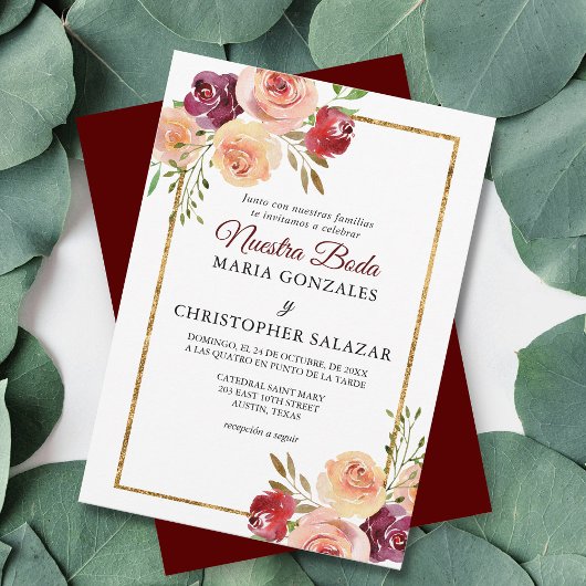 Invitation Roja Oro Flores Boda Elegante Mariage espagnol
