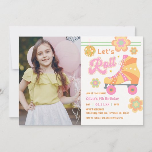 Invitation Roll Girl Roller Skating Birthday Photo (Devant)