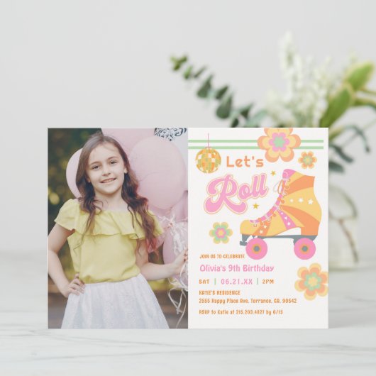 Invitation Roll Girl Roller Skating Birthday Photo (Debout devant)