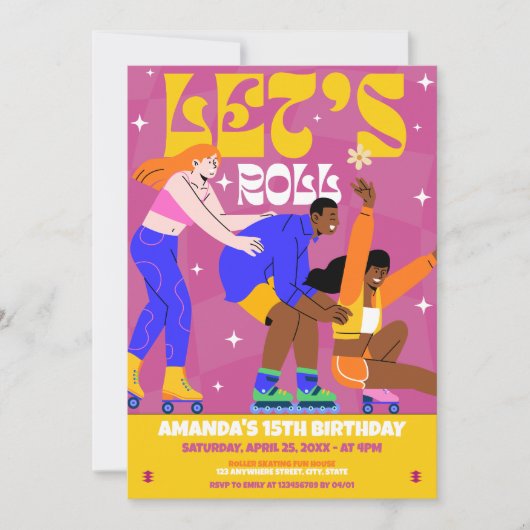 Invitation Roll Roller Skate Retro Anniversaire Fête (Devant)