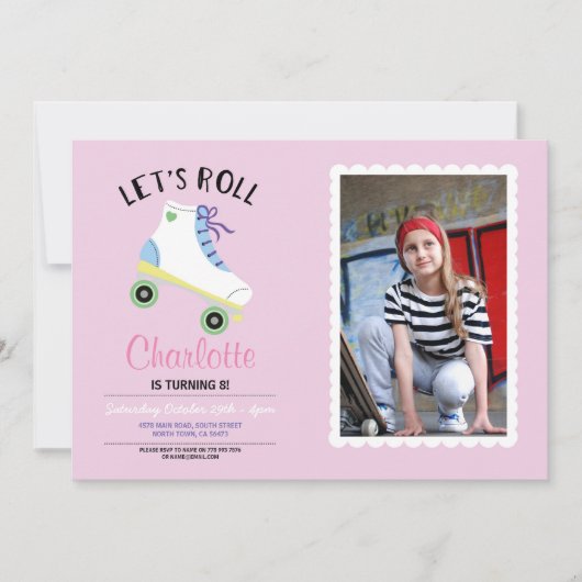 Invitation Roll Rollerskate rose fête d'anniversaire Photo (Devant)