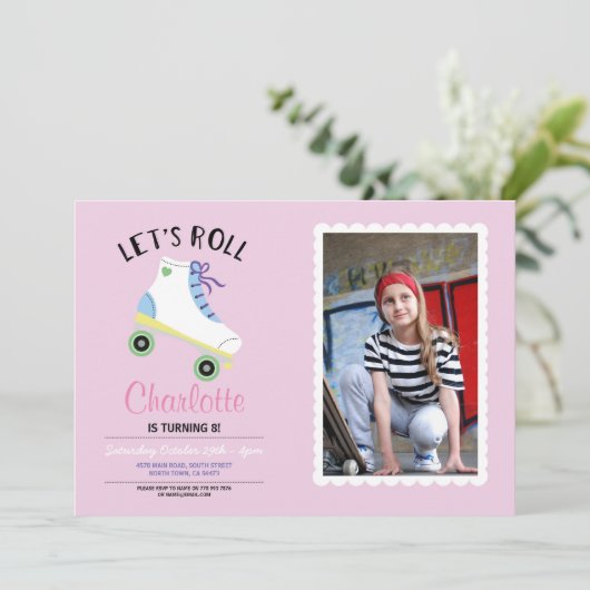 Invitation Roll Rollerskate rose fête d'anniversaire Photo (Debout devant)
