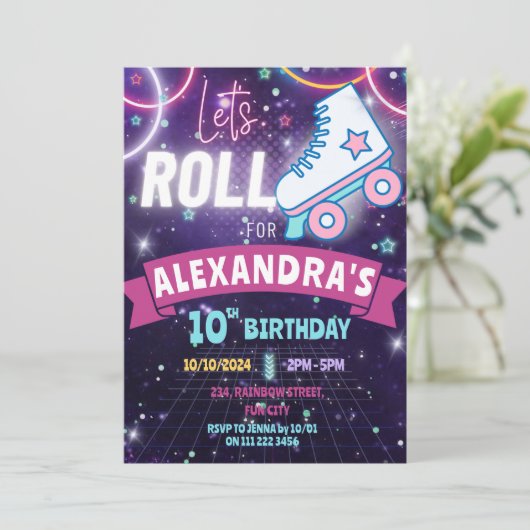 Invitation Roller Patinage Neon Anniversaire Girl Glow (Debout devant)