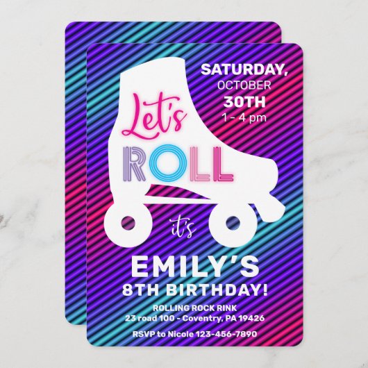 Invitation Roller Patins filles Rainbow Neon fête d'anniversa (Devant / Derrière)