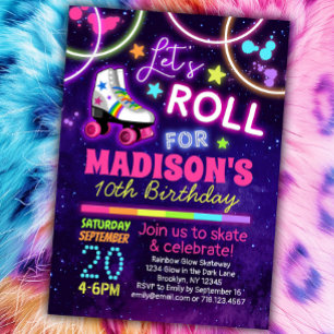 Invitation Roller Patins filles Rainbow Neon fête d'anniversa