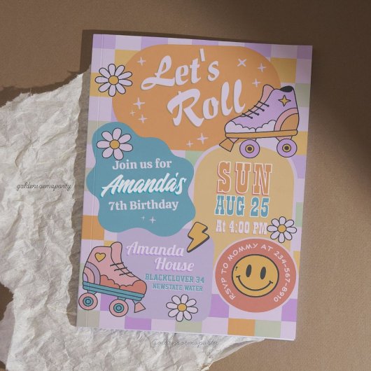 Invitation Roller Skate Birthday Party - Retro Groovy