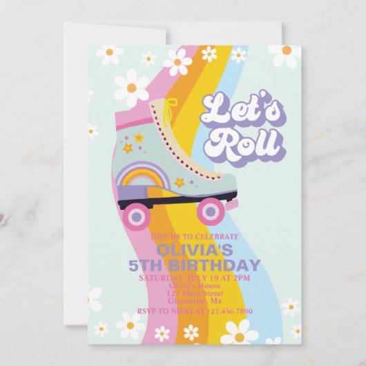 Invitation Roller skate groovy Retro Rainbow Birthday (Devant)