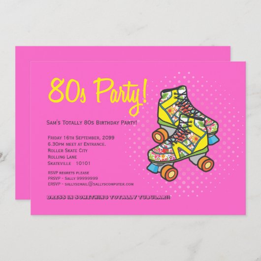Invitation Roller Skates, fête d'anniversaire des années 80 (Devant / Derrière)