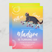 Invitation Roller Skates Kitten Black Rainbow fête d'annivers (Devant / Derrière)