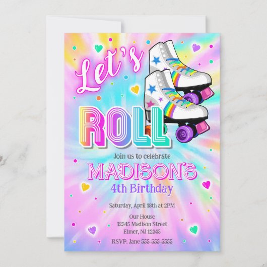 Invitation Roller Skating Birthday Party Tie Dye Neon Glow (Devant)