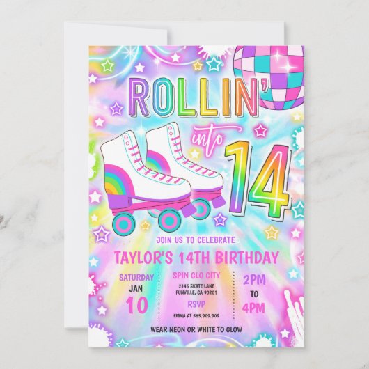Invitation Roller Skating Neon Glow 14e fête d'anniversaire (Devant)