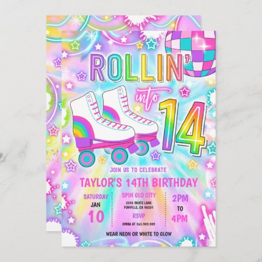 Invitation Roller Skating Neon Glow 14e fête d'anniversaire (Devant / Derrière)
