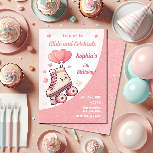 Invitation Roller Skating Pink Heart Girl's Birthday Party
