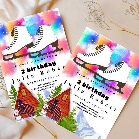 Invitation Roller Ski neige hiver aquarelle Anniversaire