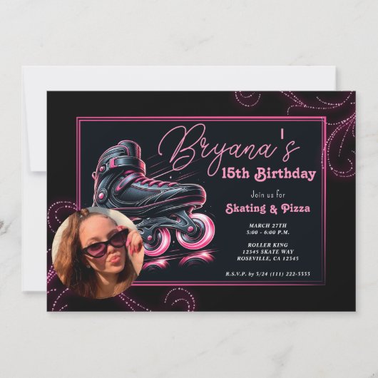Invitation Rollers en ligne Black & Pink Glow Sparkle Anniver (Devant)