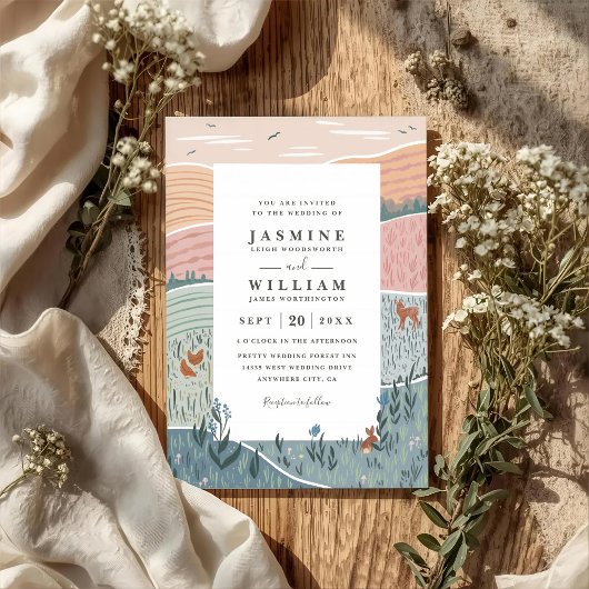 Invitation Rolling Hills Rustic Countryside QR Code Wedding