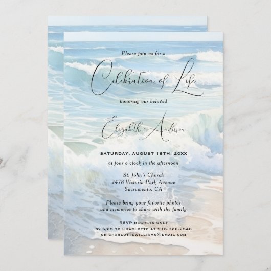 Invitation Rolling Waves Beach Script Fête de la vie (Devant / Derrière)