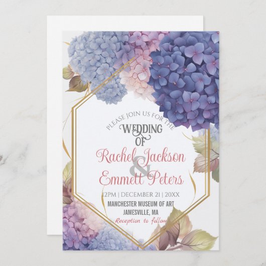 Invitation Romance Blue Hydrangea Blooms Mariage Gold Frame (Devant / Derrière)