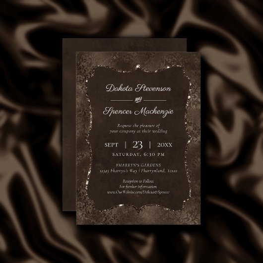 Invitation Romance en bronze de minuit | Satiny Grunge Damask