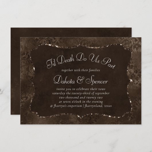 Invitation Romance en bronze de minuit | Satiny Grunge Damask (Devant / Derrière)