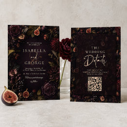 Invitation Romance Enraciné Mariage Floral Bordeaux Ténébreux