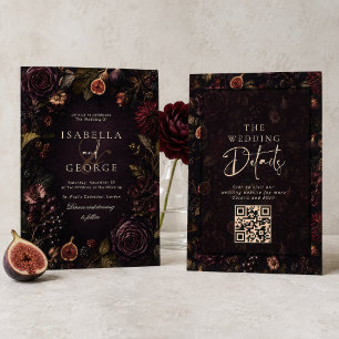 Invitation Romance Enraciné Mariage Floral Bordeaux Ténébreux
