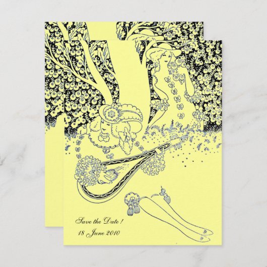 Invitation ROMANCE, ENREGISTREZ LA DATE, noir et jaune (Devant / Derrière)