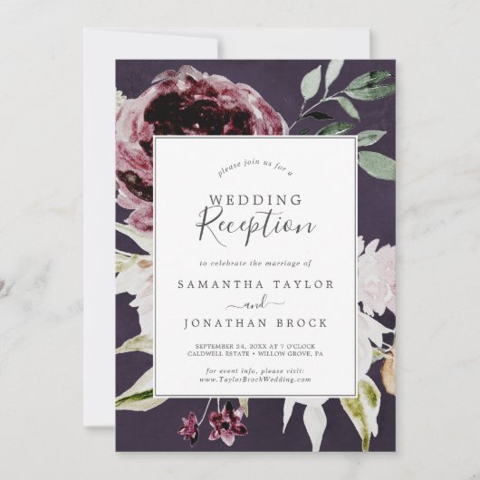 Invitation Romance Floral | Réception de mariage prune (Devant)